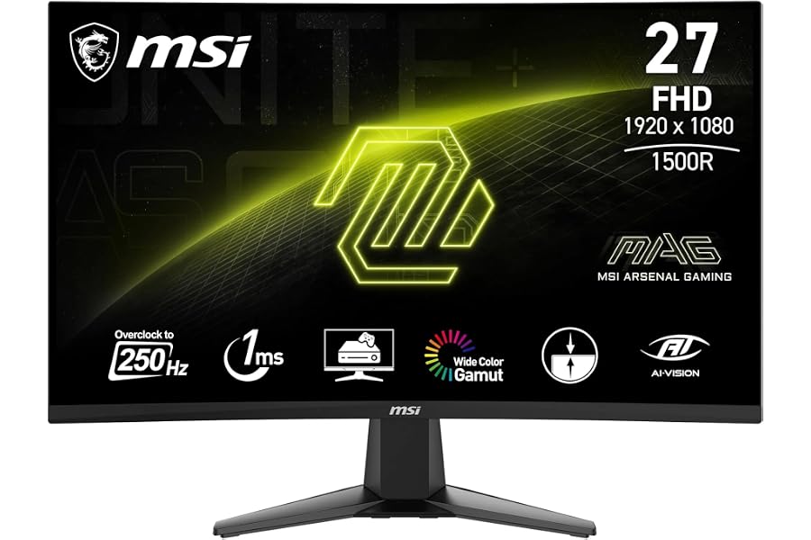 MSI mag 27C6F Monitor Curvo Gaming FHD de 27", 1500R 1920 x 1080 Panel VA rápido, 180 Hz / 0,5 ms (GtG, mín.), Sincronización