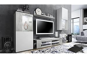 Vladon Wohnwand Movie, Anbauwand bestehend aus 1 TV-Board, 2 Vitrinen und 1 Regal, Weiß matt/Weiß matt/Beton Oxid-Optik, inkl. LED Beleuchtung weiß (Gesamt: 300 x 190 x 39 cm)