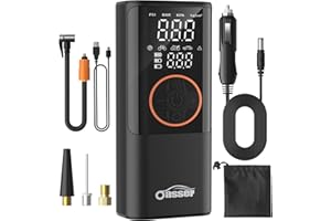 Oasser Compresor Aire Portatil 6000mAh 150PSI Inflador Ruedas Coche Pequeño Pantalla LCD Doble Visualización Cable Encendedor 3M Parada Automática Bolsa Almacenamiento para Coche Moto Bicicleta Bola