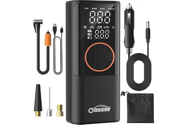 Oasser Compresor Aire Portatil 6000mAh 150PSI Inflador Ruedas Coche Pequeño Pantalla LCD Doble Visualización Cable Encendedor 3M Parada Automática Bolsa Almacenamiento para Coche Moto Bicicleta Bola