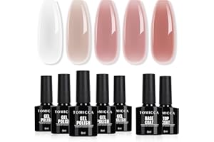 TOMICCA Zestaw lakierów do paznokci UV, 5 kolorów, żelowy lakier do paznokci z Base & No Wipe Top Coat, mleczny biały różowy nude kolory przezroczysty kryształowy lakier do paznokci Soak-Off UV/LED,