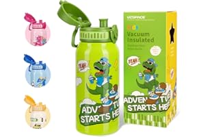 UZSPACE Edelstahl Trinkflasche Kinder 550ml, Isolierte Doppelwandige Flasche mit Einhandbedienung, Auslaufsicher Wasserflasche mit Tragegriff für Schule Kindergarten Sport Outdoor, Grün Dinosaurier