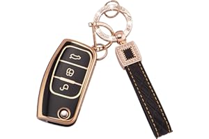 Koaudb - Carcasa para Llave de Coche para Ford Focus Fiesta Galaxy Kuga C-MAX S-MAX Mondeo MK4, 3 Botones, Plegable, con Llavero de Cuero, cordón, Color Negro y Dorado (BP-Frd-3F)
