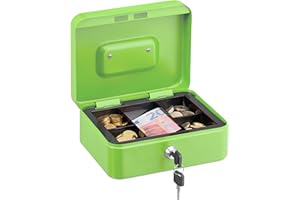 Relaxdays Geldkassette abschließbar, entnehmbarer Einsatz, 5 Fächer, Geldkasten Eisen, HxBxT: 8,5 x 20 x 17 cm, grün