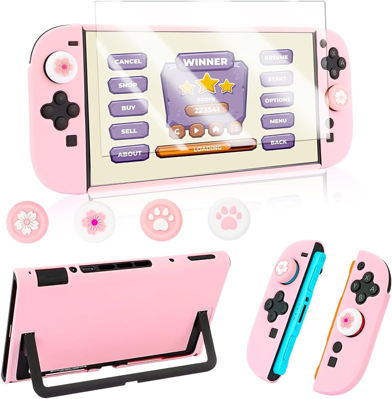OLDZHU Funda Acoplable para Nintendo Switch 2 (2025),Carcasa TPU Suave para Joy-con Desmontable con Protector de Pantalla de Vidrio Templado y 4 Tapas para Joysticks (Rosa)