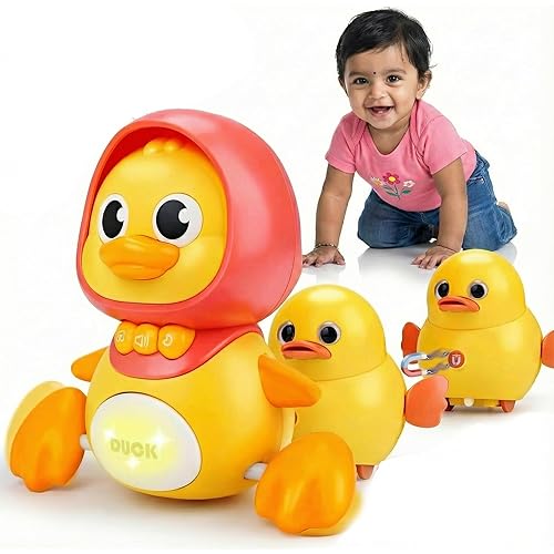 Kidology Baby Musical Duck Toy Set | Crawling Toy Sounds - Mama Duck & 2 Ducklings | Interactive Motor Skill Development -Toddler Learning Toy | Safe BPA-Free, Gift for Kids