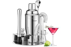 Velaze Cocktail Shaker Set 850 ml, 10-teilig, Edelstahl Cocktail Set zum Mischen von alkoholischen Getränken, Barkeeper Set mit Edelstahl Ständer, Coktailmixset mit Bar Zubehör für Zuhause Bar