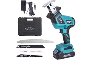 blayram Scie Sabre Sans Fil, mode 2 vitesses 21 V scie sabre filaire (moteur sans balais) avec Une Batterie pour et chargeur 2 Ah et 4 scies pour la coupe du PVC/bois/métal