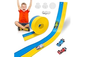 LANDHIX Flexible Race Track Toys for Kids, 15 Ft Double Lane Racetrack with 4 Cars & Suction Cups, Compatible with Hot Wheels & 1/64 Diecast Cars, Portable Roll Up Car Ramp Track Set for Ages 3+(Yellow+Blue)