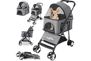 Bingopaw Składany Wózek dla Zwierząt Domowych, 4-Kołowy, dla Psa, Szczeniaka i Kota, Z Odpinanym Kocem i Osłoną Przeciwdeszczową, Nośność do 20 kg, Doskonały Prezent