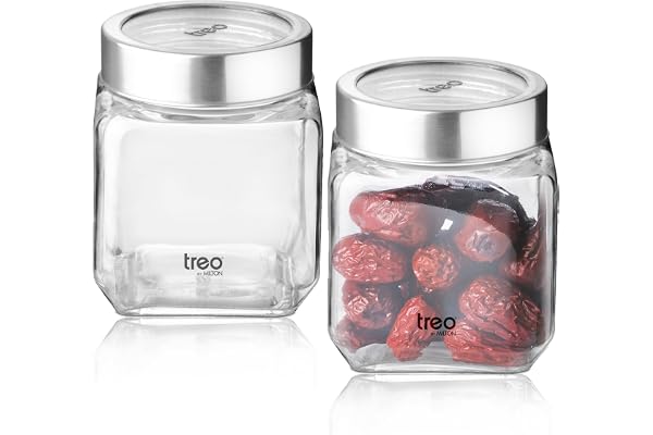Treo by Milton Cube Storage Containers, Set of 2, Glass Jar with Air Tight Steel Lid, 580 ml each, Transparent Jars for Snacks, Pulses, Masala, Pickles, Cereals, Cookies, Dry Food