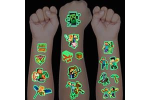 HXLEUCRY Leuchtende Tattoos für Kinder, 12 Blätter Minecraft Temporäre Tattoo Set für Jungen Mädchen Kindertattoos für Geburtstagsgeschenke Kindergeburtstag Mitgebsel Adventskalender Party Deko