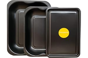 KITCHENEUR 3-Pack Black Roasting and Baking Tray Set - Large Roaster (38cm); Medium Roaster (33cm) & Small Tray (32cm) - Baking Tray Set Tray/Pan, Non-Stick, Multi-Pack Set Oven Trays - Dishwasher Safe