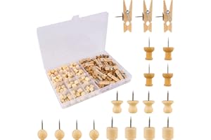 HAINUE 200 Stück Pinnadeln Holz Push Pin Clips Holz Drücken Reißnägel Reißzwecken mit Aufbewahrungsbox Reißnägel für Weihnachtsdeko Pinnwandnadeln Reißnägel für Korkplatte (5 Stile)