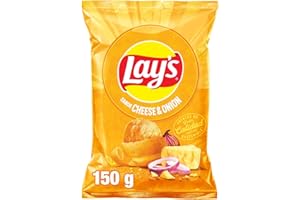 Lay's Cheese & Onion, Patatas Fritas de cultivos sostenibles con sabor a queso y cebolla, Producto de Aperitivo, bolsa individual, 150 g