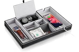 BY FOR KITCHEN & HOME Gifts for Dad, Leather Valet Tray for Men, Christmas Gifts for Dad, Nightstand Organizer Tray, Bedside Organizer Box, Daddy Birthday Gifts Black