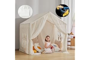 LOAOL Kids Play Tent with Lights, Large Indoor Kids Playhouse, Girls Play Tent Decorated Sequin Sparkle Stars, Den for Kids with Front & Rear Doors, Children Boho Decor（Beige）