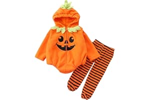 BEMEUSWT 0-24 Months Toddler Infant Baby Boy Girl Halloween Pumpkin Outfit Hooded Romper Onesie Jumpsuit Bodysuit + Footed Pants Leggings Fancy Party Clothes