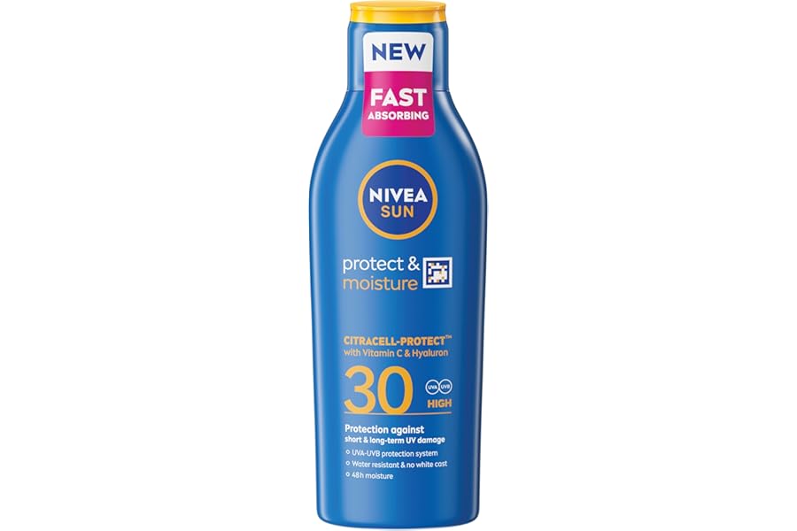 NIVEA SUN Protect & Moisture Sun Lotion SPF 30 (200 ml), Suncream with Vitamin C and Hyaluron, Provides 48H Moisture & Immediate UVA & UVB Protection, Fast-Absorbing No White Cast Formula