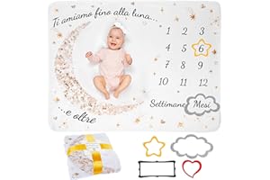ODOXIA Coperta Mesi Neonato In Italiano | Tappeto Unisex | Tema Luna E Stelle | Regalo Baby Shower Personalizzato Per Neomamme | Incluse Cornici