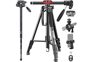 EVUMO Trepied Appareil Photo, Trépied Caméra en Aluminium 167cm Extensible, 360° Rotation Colonne Centrale, Trepied Telephone Convertir en Monopode, avec Télécommande, Support De Téléphone, Max 5kg