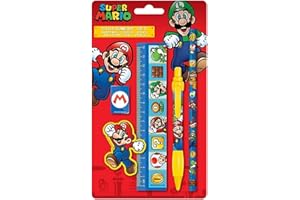 TOYS & GAMERS Super Mario Schreibwaren-Set (Color Block Design) Kugelschreiber, Bleistift, Radierer, Anspitzer, Lineal - Offizielles Lizenzprodukt