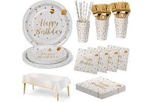Nkaiso Compleanno Stoviglie per Feste, 20 Ospiti Bianco Oro Stoviglie Carta Set Include Piatti di Carta Tovaglioli Tazze Riutilizzabili Stoviglie Decorazioni per Feste per Bambini