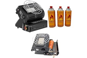 SMH LINE® Chauffage à gaz Portable 2 en 1 pour Camping, Tente d'extérieur, Caravane, réchaud 1,3 KW + Cartouches de gaz Butane en céramique GPL