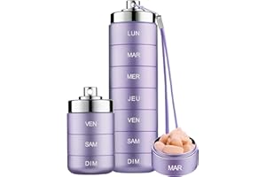 MOSSIME Pilulier Semainier 7 Jours Métal Voyage Pilulier Organisateur, Boîte à Pilules de Voyage étanche et Empilable pour Vitamines, Huile de Poisson, Suppléments (Violet)