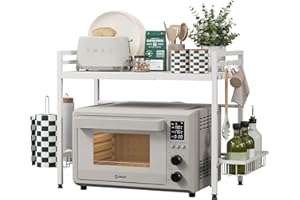 NETEL Expandable Microwave Shelf,2-Tier Microwave Stand with spice basket and kitchen roll holder,Microwave Oven Rack with 8 Hooks,Bakers Rack,Kitchen Countertop Organiser,white
