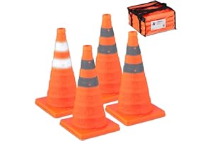 Relaxdays Pylonen groß, 4er Set Leitkegel faltbar, Reflektor-Streifen, Faltkegel, HBT 45 x 24,5 x 24,5 cm, orange/silber