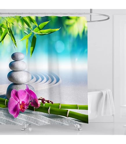 Rideau De Douche Japonais Jardin Asie - 175x220 Cm, Polyester, Hydrofuge, Lavable Machine, 12 Crochets Inclus