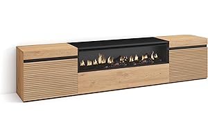 Skraut Home | Mueble TV | Televisión | Muebles de salón, almacenaje | 200x45x35cm | para TV hasta 80" | Chimenea eléctrica | Estilo Moderno | Roble