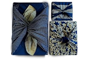 CARÉDEAU Lot de 3 emballages Papier Cadeau Réutilisable Coton Recyclé Tissu Furoshiki Ecologique Design Créatrice Francaise Premium Pack Famille 3Tailles S M L (Bleu Extraordinaire)