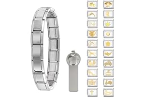 Paffartt 22Pcs Italian Charms Armband Set Classic Glieder Italy Charm 9mm Abnehmbare Edelstahl Modul Armband mit Öffnungswerkzeugen für Modischer Handbemaltes Vintage Basisarmband Italienische Charms