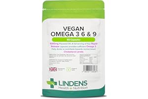 Lindens - Vegan Omega 3, 6 & 9-90 Capsules - 1000mg Flaxseed Oil, UK Made - Essential Omega Fatty Acids, Normal Blood Cholesterol Levels - Brain, Heart & Eyes - Letterbox Friendly