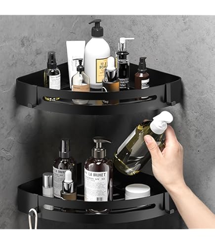 Mensola Doccia Angolare 2 Pezzi - Porta Sapone Antiruggine Con 8 Ganci, Nero, Adesivo O Foratura - Foto 1