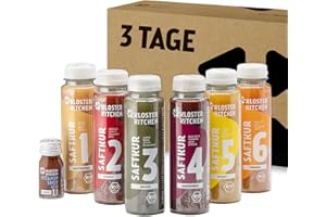 ‎KLOSTER KITCHEN Kloster Kitchen Bio Saftkur 3 Tage I 18x 250ml Säfte + 3x 30ml Ingwer Shot I Fastenkur Vegan 6 Geschmacksrichtungen I 592 kcal pro Tag | Reich an Vitaminen | Kur Guide mit Tipps (4,50€ EINWEG Pfand)