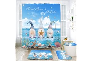Godeufe Mermaid Gnome Shower Curtain Sets 4Pcs with Christmas Decorations Non-Slip Rug, Toilet Lid Cover, Bath Mat and 12 Hooks Durable Waterproof Bath Curtain