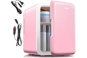 REEMIX Mini Fridge 6 Litre, 10 Can Portable AC+DC Power Cooler & Warmer, Portable Small Fridge for Bedrooms, Cars, Offices, Skincare, Makeup, Cosmetics, Food (Pink, 6L)