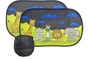 KAYRUK Pare Soleil Voiture Bébé Ventouse,2PCS Pare Brise Vitres Latérales pour Enfant,Auto Adhésifs,Sac Rangement,Protection Solaire et UV (Amis des Animaux, 510mm*310mm)