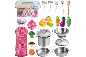 EFO SHM Cucina Giocattolo per Bambini, Accessori Cucina con Set di Pentole e Padelle in Acciaio Inossidabile, Utensili da Cucina, Grembiule e Cappello da Cuoco, Taglio di Cibo per Bambini