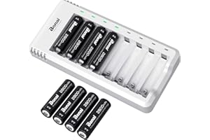 ‎BONAI Zestaw 8 akumulatorów AA z ładowarką, w tym akumulatorki AA o dużej pojemności 2800 mAh i 8-gniazdowa ładowarka do akumulatorów AA i AAA (w zestawie kabel USB do ładowania).