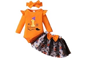 Siyova Completo Neonata di Halloween in 3 Pezzi Abito Neonata Tutu Il Mio Primo Halloween Pagliaccetto a Maniche Lunghe+Gonna in Tulle+Fascia Tuta Bambina di Festa Elegante