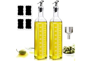 Showvigor Botella Dispensadora de Aceite 500 ml, Aceitera Antigoteo con Embudo y Tapa Selladora - Vinagrera de Vidrio con Escala para Cocina y Barbacoa (2 PCS)