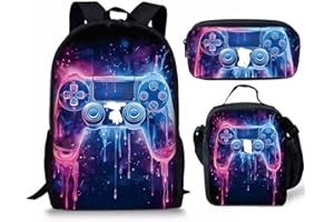 GENERIC Gaming Backpack for Boys, Waterproof Lightweight 3-Piece School Bag Set with Lunch Bag & Pencil Case, Large Capacity School Bag for Kids 6-14 Years, Perfect for Elementary (game002, Black)