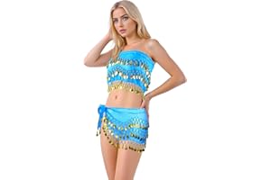 Baisdan 2 Pcs Belly Dance Hip Scarf, Belly Dance Skirt and Top Set for Zumba Latin Latin Yoga Class, 2 Pcs