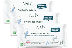 Naty Flushable Baby Wet Wipes, 98% Water, 168 Pieces (3 Packs) | Hypoallergenic, Natural to Sensitive Skin, Perfume Free, Plant-Based, Dermatologically Tested, For Newborns & Toddlers