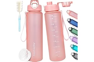 AOHAN Butelka na wodę 1 l, butelka na napoje z filtrem, sportowa butelka na wodę z motywacyjnym narzędziem do pomiaru czasu i szczotką do butelek, bez BPA, szczelne butelki na wodę do fitnessu, na