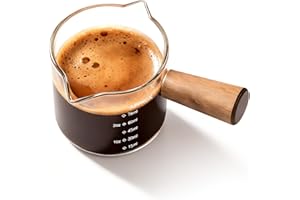 YARRAMATE Espresso Cups with Wood Handle, Clear Glass Espresso Accessories, Measuring Cup with Dual Scale, Espresso Shot Glass with V-Shaped Spout, 3.4 OZ / 100 ML